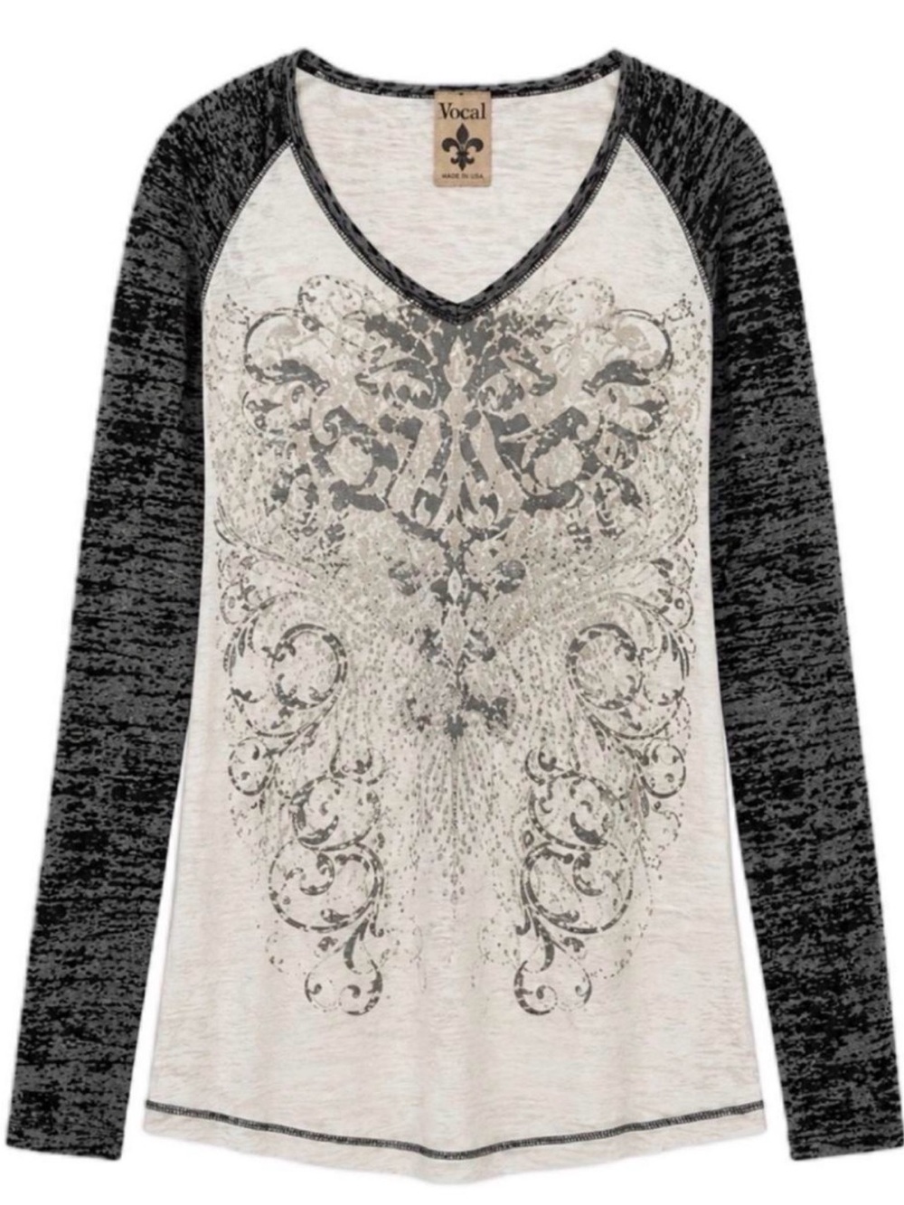 Vocal Women's V-Neck Graphic Raglan Long Sleeve Top - Cream, Black, Gray